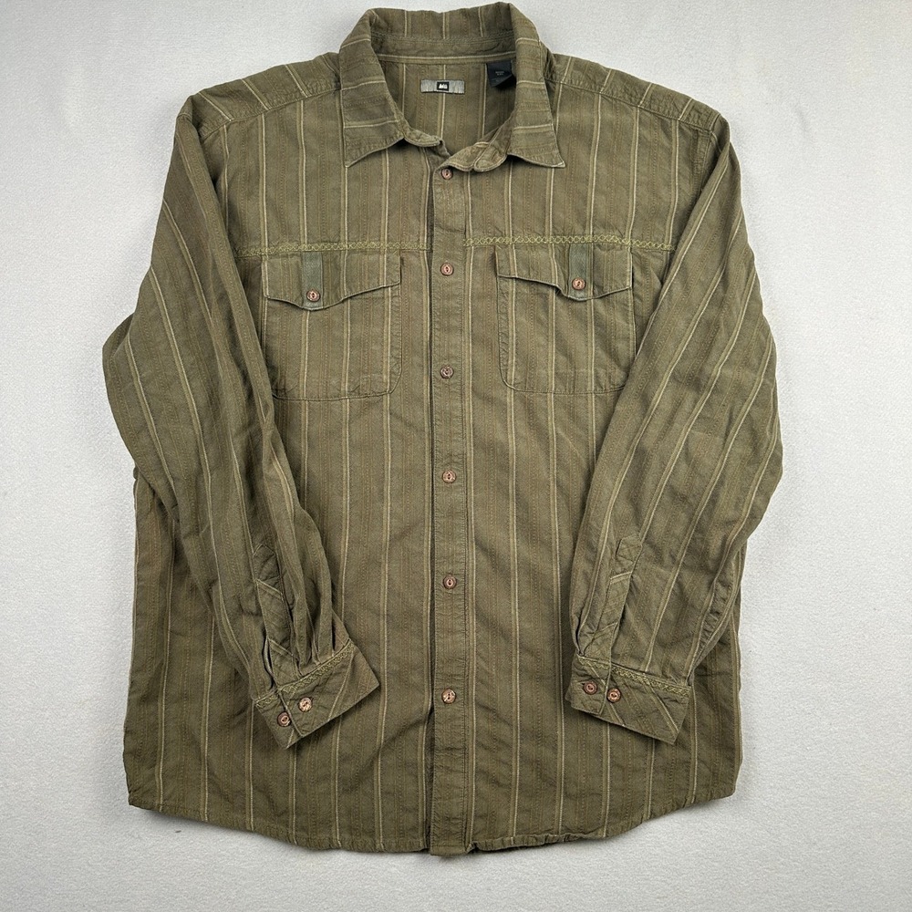 REI Mens Button‎ Down Shirt XXL Olive Green Striped Long Sleeve Cotton - Picture 2 of 14